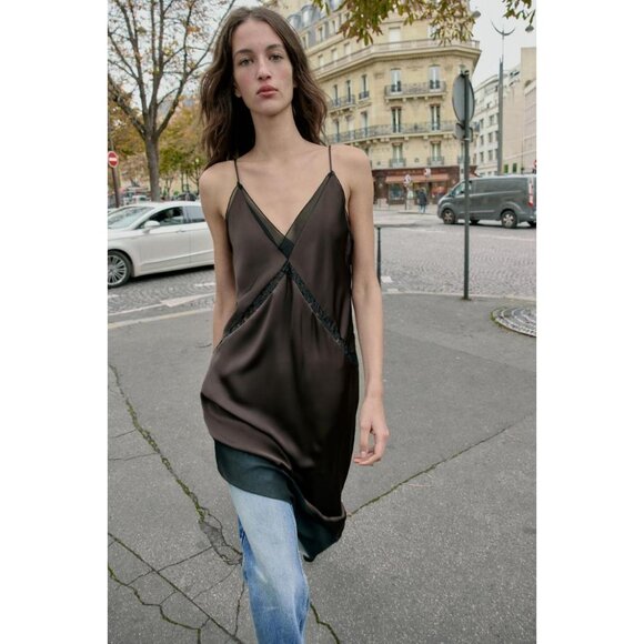 ZARA ASYMMETRIC SATIN EFFECT MIDI DRESS - Picture 1 of 8